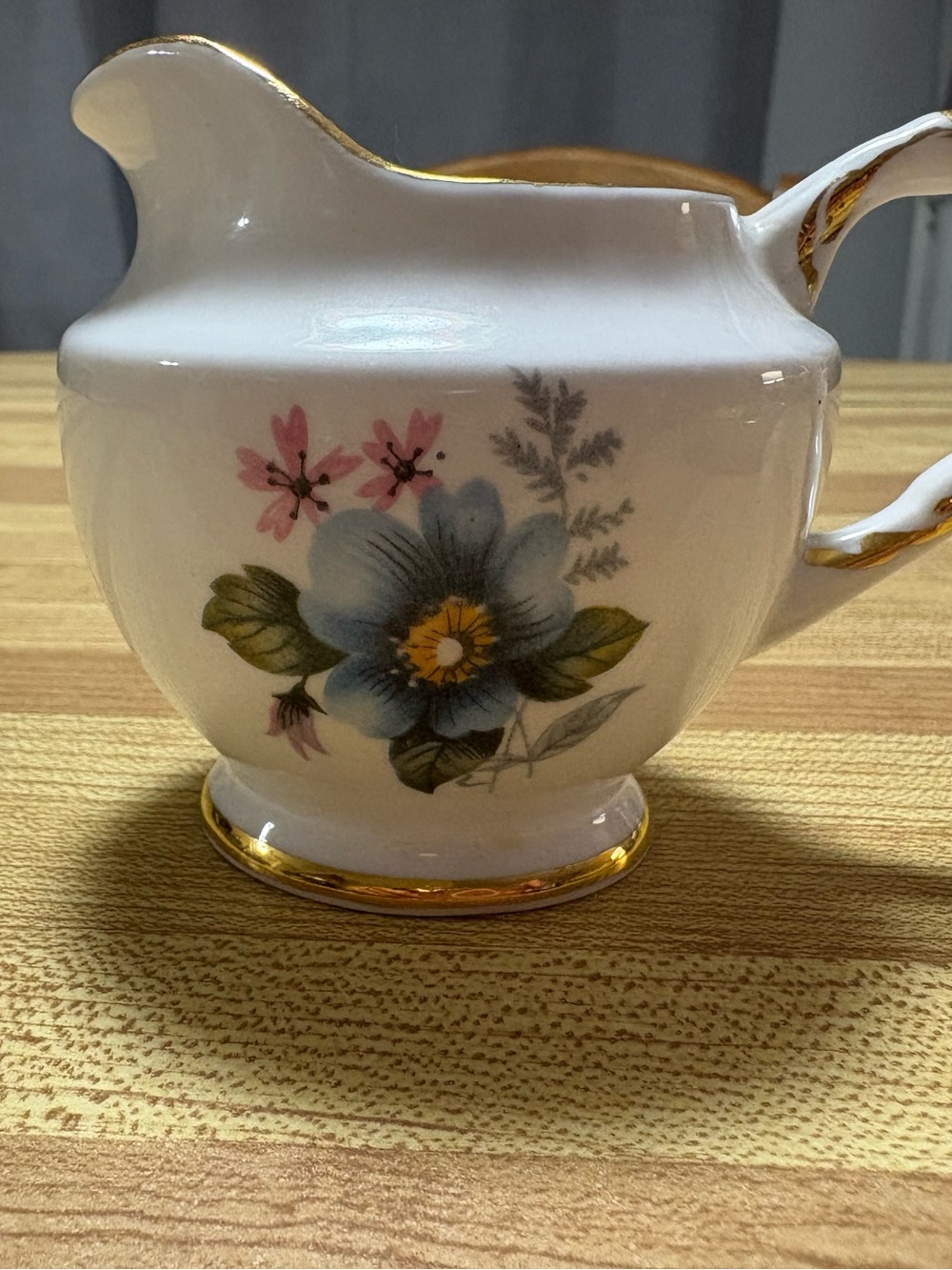 Vintage Delphine Bone China Creamer with Blue Flower with Gold Trim